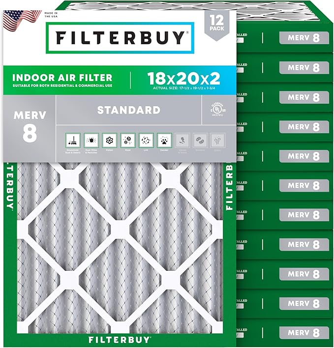 Filterbuy 18x20x2 Air Filter MERV 8 Essential Dust & Allergy Defense (12-Pack), Electrostatic Pleated HVAC AC Furnace Filters Replacement, Made in USA (Actual Size: 17.50 x 19.50 x 1.75)