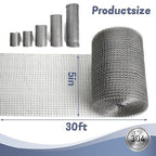 5" X 30 ft 304 Stainless Steel Mesh, Wire Mesh for Rodent, Hole Fill Fabric Gap Blocker, Double Layer Metal Mesh Roll, Flexible Stretchy for Garden House and DIY (A-5" X 30 ft)