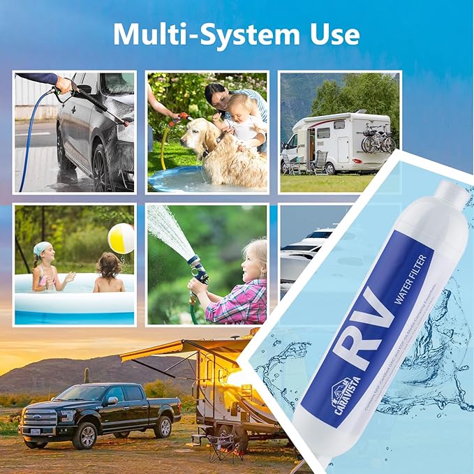 RV Water Filter - Inline Water Filter with 2 Hose Protector and 90 Degree Hose Elbow - NSF & ANSI 42 Certified - Camping Essentials for Reducing Odors, Bad Taste, Chlorine and Rust (3 Pack)