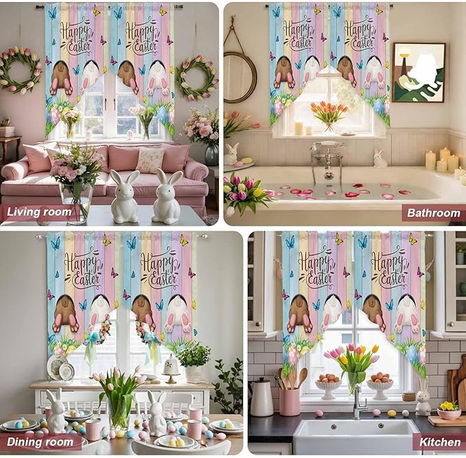 Swag Curtain Valances for Kitchen Windows,Happy Easter Rabbit Butt Egg on Daisy Leaf Short Rod Pocket Window Valance,Bufferfly on Wood Barn Swag Topper for Bedroom Living Room,2 Panels 28x36in