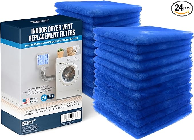 Essential Values Dryer Filter Replacement - 24-Pack - Indoor Dryer Vent Filter - Filters Compatible with BetterVent – 120 Loads
