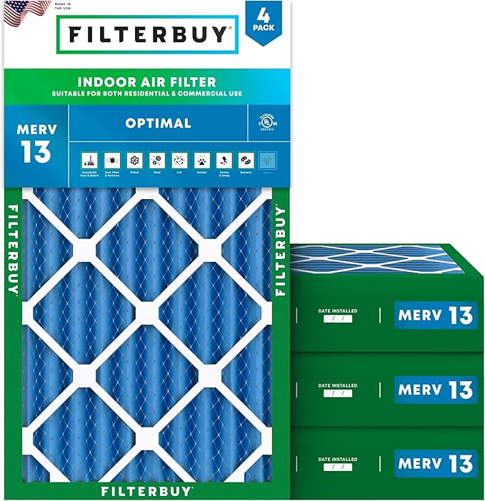Filterbuy 12x25x4 Air Filter MERV 13 Optimal Smoke & Allergy Defense (4-Pack), Electrostatic Pleated HVAC AC Furnace Filters Replacement, Made in USA (Actual Size: 11.50 x 24.50 x 3.63)
