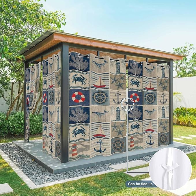 Oceans Outdoor Curtains for Patio Shell Starfish Whales Summer Vintage Waterproof Outside Curtains with Grommet Top Weatherproof Curtain for Cabana Pergola Gazebo, 1 Panel, 54" W x 84" L