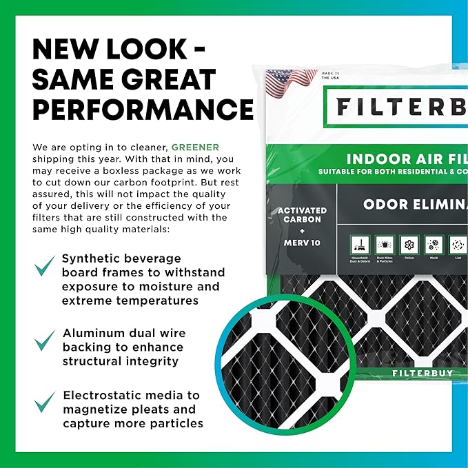 Filterbuy 12x12x1 Air Filter MERV 10 Odor & Allergy Defense with Activated Carbon (4-Pack), Electrostatic Pleated HVAC AC Furnace Filters Replacement, Made in USA (Actual Size: 11.75 x 11.75 x 0.75)