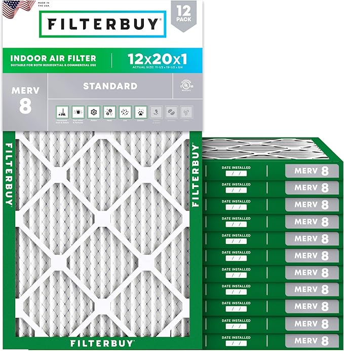 Filterbuy 12x20x1 Air Filter MERV 8 Essential Dust & Allergy Defense (12-Pack), Electrostatic Pleated HVAC AC Furnace Filters Replacement, Made in USA (Actual Size: 11.50 x 19.50 x 0.75)