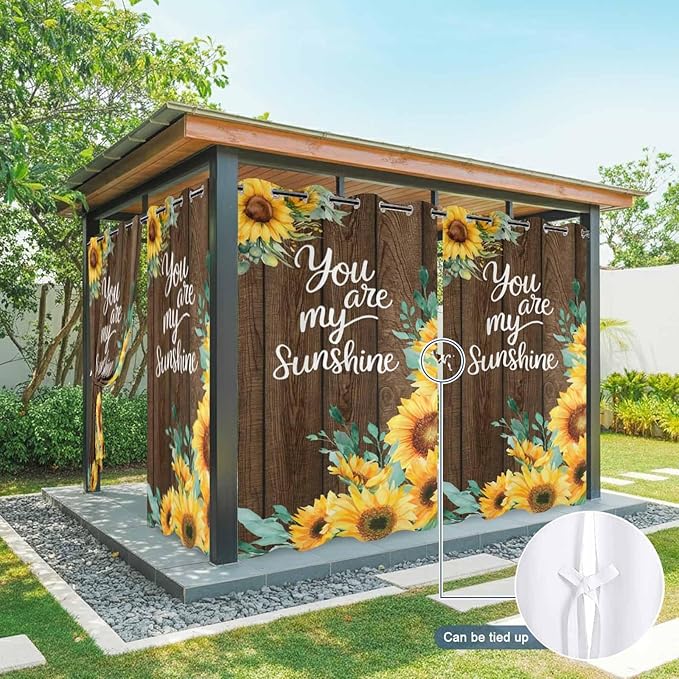 Summer Outdoor Curtains for Patio Sunflowers Eucalyptus Leaves Wood Waterproof Outside Curtains with Grommet Top Weatherproof Curtain for Cabana Pergola Gazebo, 2 Pack, 54" W x 84" L