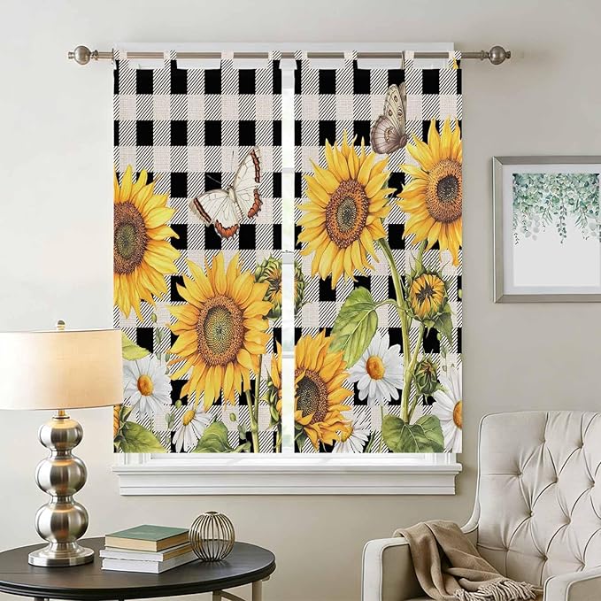 Sunflowers Bathroom Curtains 63 Inch Length, Window Curtains Tab Top, Yellow Flowers Butterfly Farmhouse Black Plaid Light Filtering Window Treatments Drapes 52"x63" 2 Panel