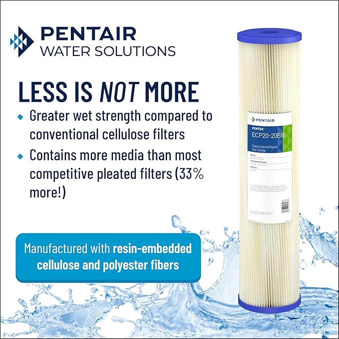 Pentair Pentek ECP20-20BB Big Blue Sediment Water Filter, 20-Inch, Whole House Heavy Duty Pleated Cellulose Polyester Replacement Cartridge, 20" x 4.5", Blue End-Cap, 20