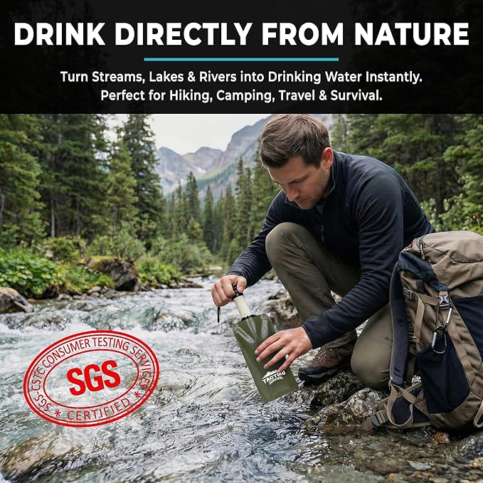 2-Pack Tactiko Survival 20oz/600ml Filtered Water Bottle Kit - Purify 265 Gal. Water from Rivers, Lakes & Streams - SGS Certified - UF Membrane, Activated Carbon - Camping, Emergency (Green/Black)