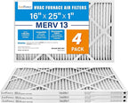 LotFancy 16x25x1 Air Filter MERV 13 4-Pack, Electrostatic Pleated HVAC Furnace Air Filter, Captures Pet Dander Smog Smoke, Actual Size: 15.75"x24.75"x0.75"