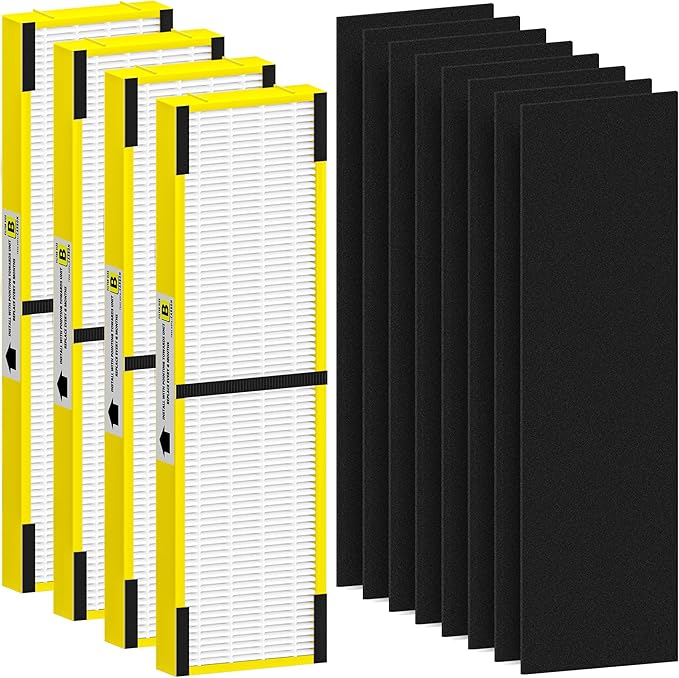 FLT4825 HEPA Filter B Replacement Compatible with G-Guardian AC4825, AC4300, AC4900, AC4825DLX, AC4850, CDAP4500, AP2200 Air Purifier, 4 H13 True HEPA Filters + 8 Activated Carbon Pre-Filters, Yellow