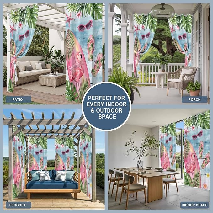Summer Flamingbirds Outdoor Curtains for Patio Palm Leaves Plumeria Wood Waterproof Outside Curtains with Grommet Top Weatherproof Curtain for Cabana Pergola Gazebo, 2 Pack, 54" W x 95" L