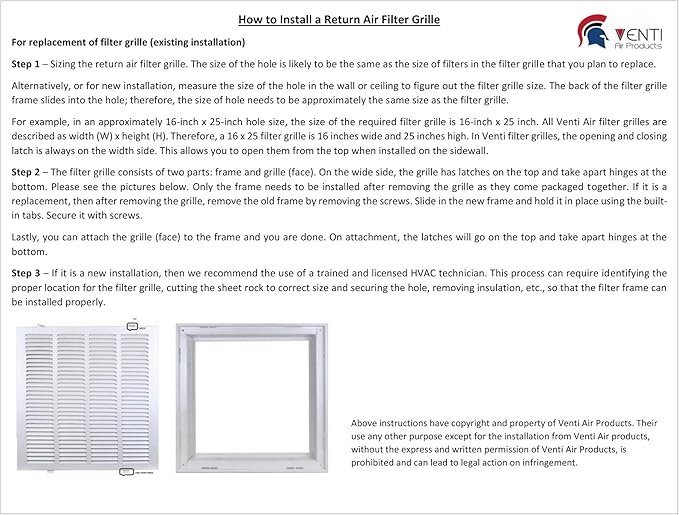 Venti Air 25" X 20" Steel Return Air Filter Grille - Removable Face/Door for 1 inch Filters - HVAC Duct Cover Grill (2-3 Business Day Delivery) [Outer Dimension: 27.5"W X 22.5" H]