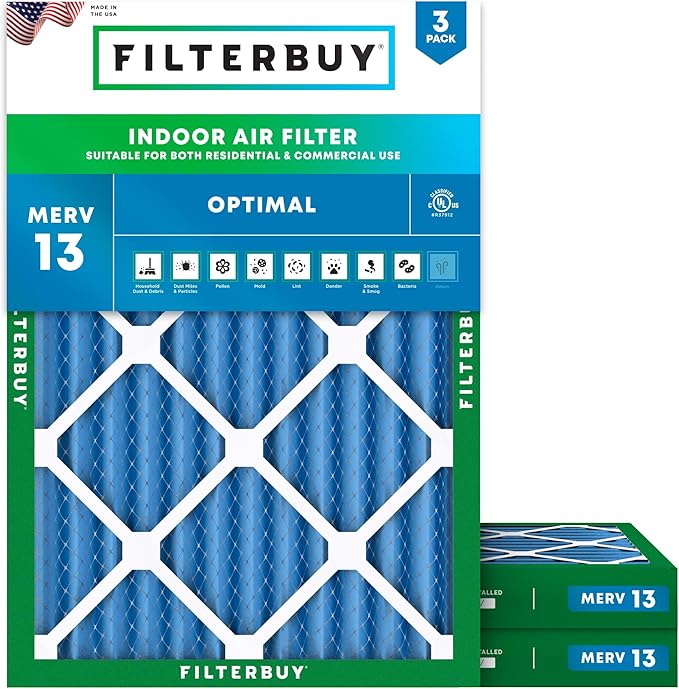 Filterbuy 14x20x2 Air Filter MERV 13 Optimal Smoke & Allergy Defense (3-Pack), Electrostatic Pleated HVAC AC Furnace Filters Replacement, Made in USA (Actual Size: 13.50 x 19.50 x 1.75)