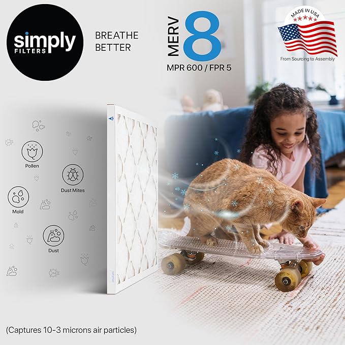 Simply 17x22x1 Air Filter, Merv 8, 6 Pack, For Home AC Furnace & HVAC (Actual Size: 16.75"x21.75"x0.75") DUST, Pet, & Allergy Control