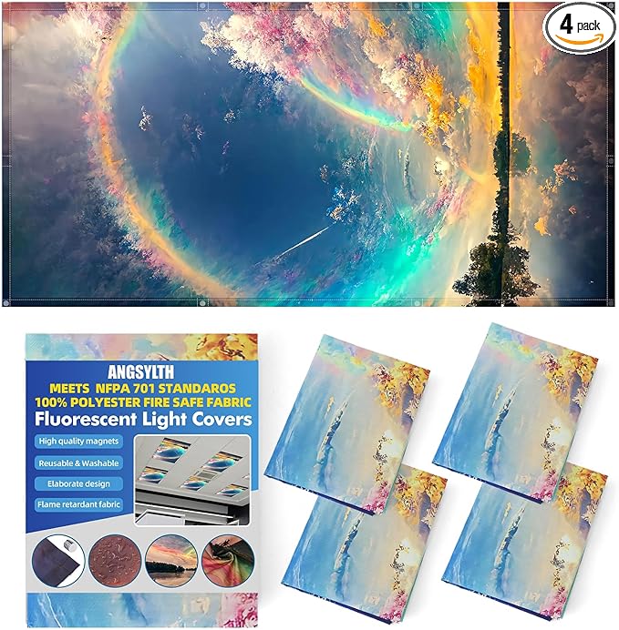4 Pcs Fluorescent Light Covers - Classroom, Office 4 x 2 Feet Flame Retardant Magnetic Covers for Ceiling Lights Filters (Auspiciousness Clouds)