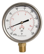 4" Oil Filled Vacuum Pressure Gauge - Stainless Steel Case, Brass, 1/2" NPT, Lower Mount Connection, 30HG/160PSI