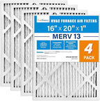 LotFancy 16x20x1 Air Filter MERV 13 4-Pack, Electrostatic Pleated HVAC Furnace Air Filter, Captures Pet Dander Smog Smoke, Actual Size: 15.75"x19.75"x0.75"