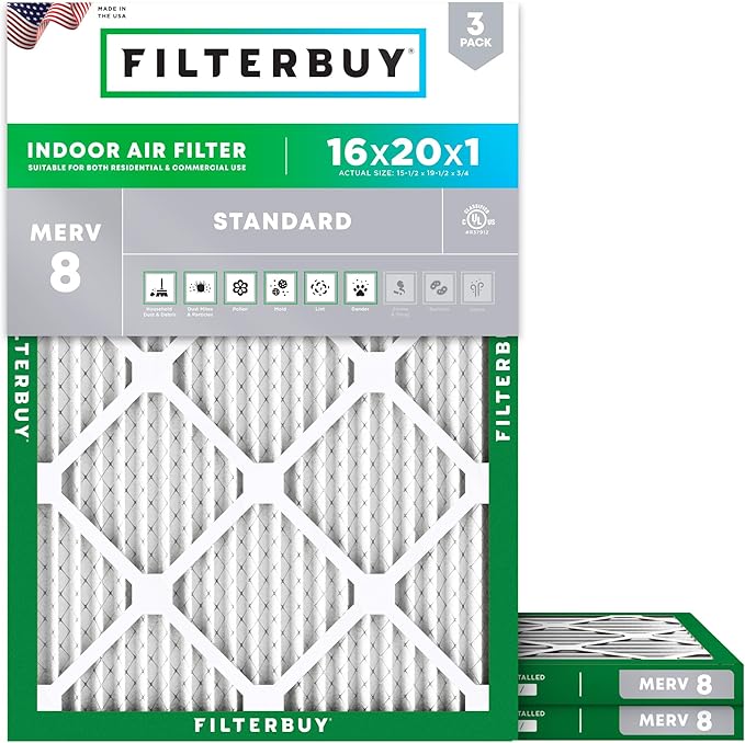 Filterbuy 16x20x1 Air Filter MERV 8 Essential Dust & Allergy Defense (3-Pack), Electrostatic Pleated HVAC AC Furnace Filters Replacement, Made in USA (Actual Size: 15.50 x 19.50 x 0.75)