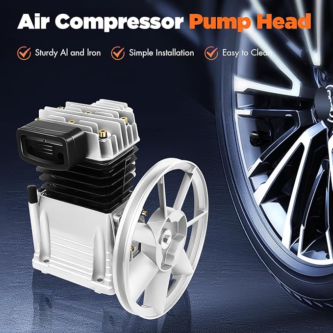 Air Compressor Pump Head, 2HP Air Compressor Pump-Head, 1500W Portable 52.83Gal/Min 10.24in Pulley Outer Diameter Aluminum Painting Twin Cylinder W/oil drain plug, Air Filter Muffler
