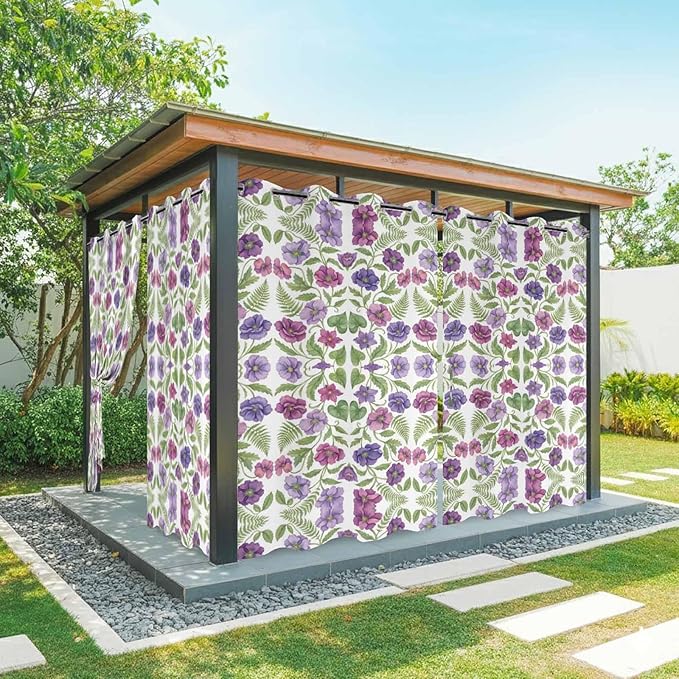 Flowers Outdoor Curtains for Patio Summer Floral Pastoral Farmhouse Plant Waterproof Outside Curtains with Grommet Top Weatherproof Curtain for Cabana Pergola Gazebo, 2 Pack, 54" W x 108" L