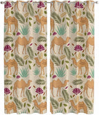 2 Panel Kitchen Cafe Curtains, Desert Camels Sunlight Filtering Nature Air Through, Home Decor Window Covering Tier Curtains for Living Room 104W x 90L inch Vintage Sand Animals Aloe Vera Leaves Beige