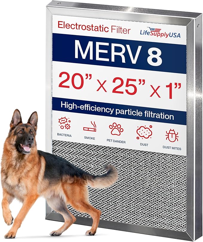 20x25x1 Electrostatic Air Filter, MERV 8, Washable, Reusable Furnace AC/HVAC Filter, Energy Saving, Easy to Clean, Long-Lasting by LifeSupplyUSA