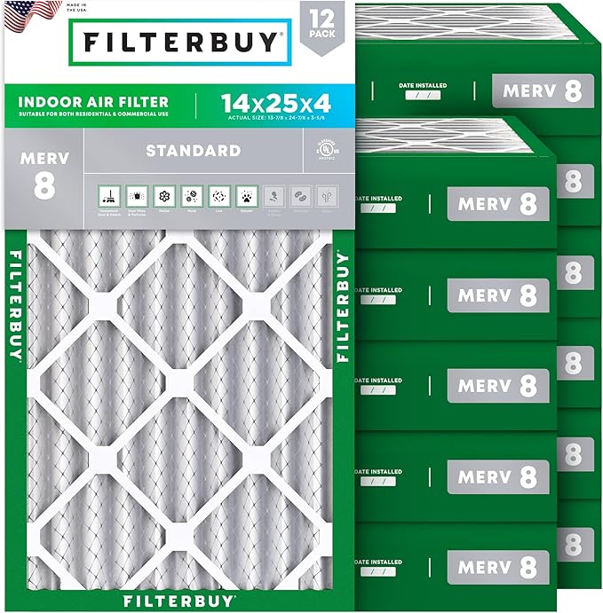 Filterbuy 14x25x4 Air Filter MERV 8 Essential Dust & Allergy Defense (12-Pack), Electrostatic Pleated HVAC AC Furnace Filters Replacement, Made in USA (Actual Size: 13.88 x 24.88 x 3.63)