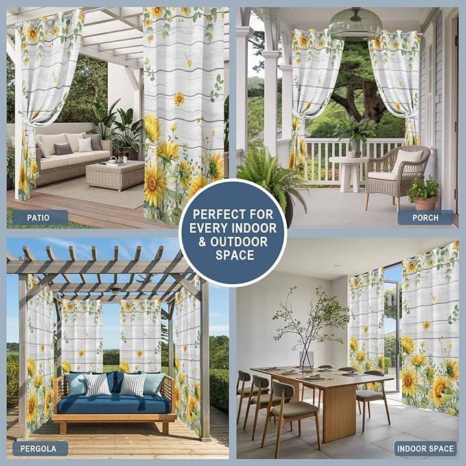 Sunflowers Outdoor Curtains for Patio Summer Floral Eucalyptus Leaf Wood Plank Waterproof Outside Curtains with Grommet Top Weatherproof Curtain for Cabana Pergola Gazebo, 2 Pack, 54" W x 84" L