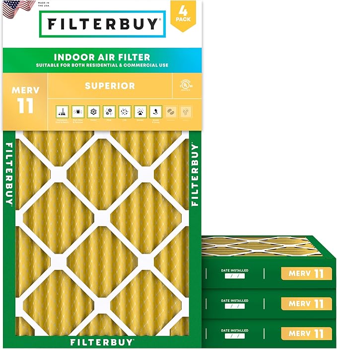 Filterbuy 14x30x2 Air Filter MERV 11 Superior Pet & Allergy Defense (4-Pack), Electrostatic Pleated HVAC AC Furnace Filters Replacement, Made in USA (Actual Size: 13.50 x 29.50 x 1.75)