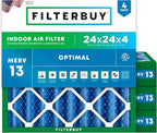 Filterbuy 24x24x4 Air Filter MERV 13 Optimal Smoke & Allergy Defense (4-Pack), Electrostatic Pleated HVAC AC Furnace Filters Replacement, Made in USA (Actual Size: 23.38 x 23.38 x 3.63)