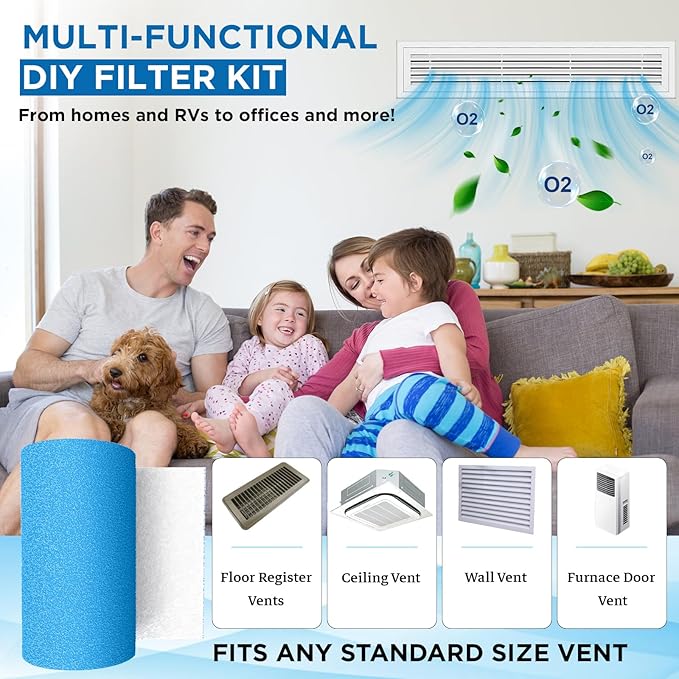 Air Vent Filters Roll, 140" x 12" Cut to Fit (60+ Filters), MERV 8 Triple Vent Filter Kit for HVAC Furnace Vents, Home Floor, Ceiling, Grilles