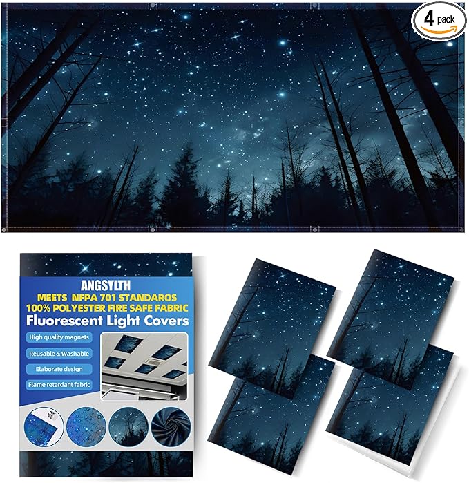 4 Pcs Fluorescent Light Covers - Classroom, Office 4 x 2 Feet Flame Retardant Magnetic Covers for Ceiling Lights Filters (Forests & Starry Sky-2)