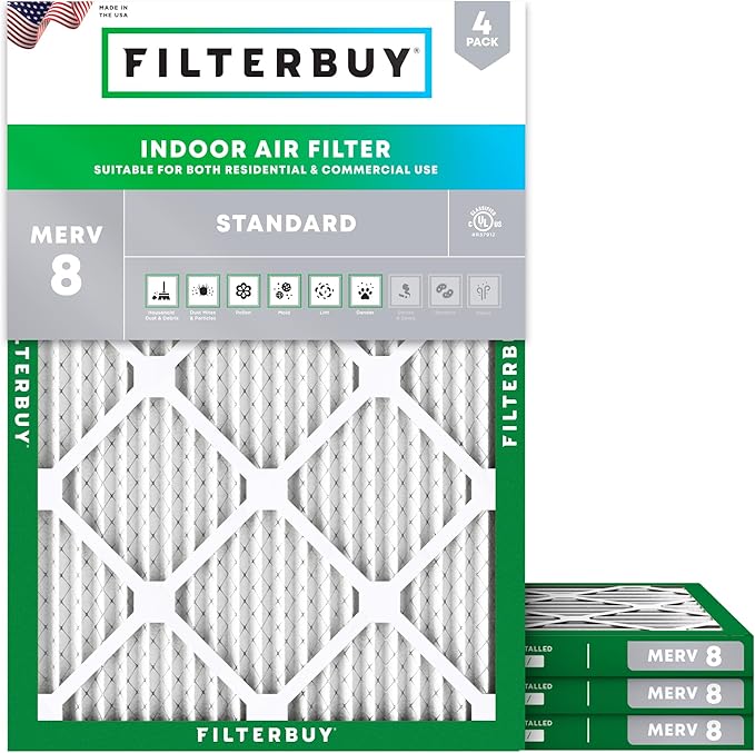 Filterbuy 20x27x1 Air Filter MERV 8 Essential Dust & Allergy Defense (4-Pack), Electrostatic Pleated HVAC AC Furnace Filters Replacement, Made in USA (Actual Size: 20.00 x 27.00 x 0.75)