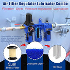NEWPO 1/2'' NPT Compressed Air Filter Regulator Lubricator Combo with Pressure Gauge,Brass Filter and Desiccant Dryers,Semi-Auto Drain, Metal Bracket-Blue