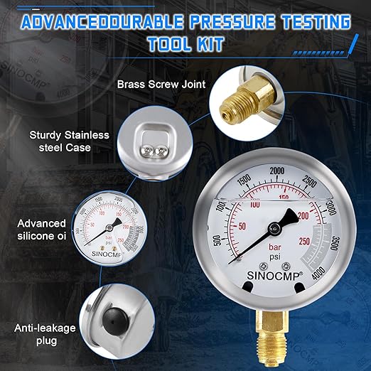 SINOCMP Hydraulic Pressure Test Kit with 3 Gauges(25/40/60Mpa), 12 Test Couplings, 3 Test Hoses(64in) Diagnosis Tester Gauge Kit Set for Excavator Construction Machinery