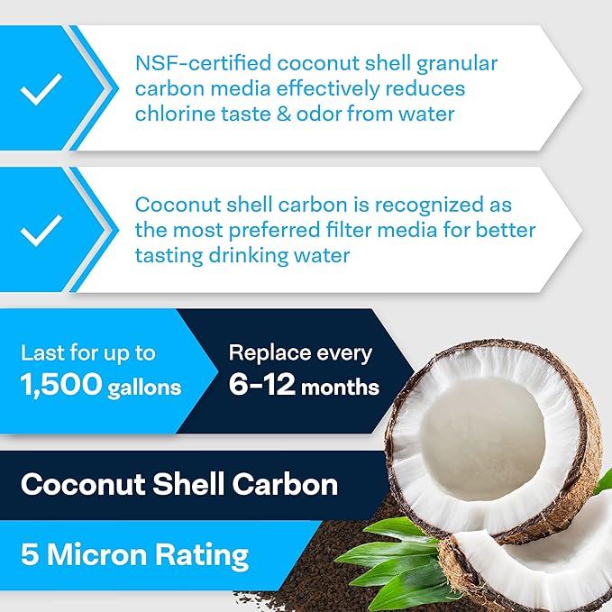 SpiroPure Inline Filter NSF Coconut Shell Granular Carbon Water Filter with 1/4" FNPT, 2" x 10" (1 Pack)