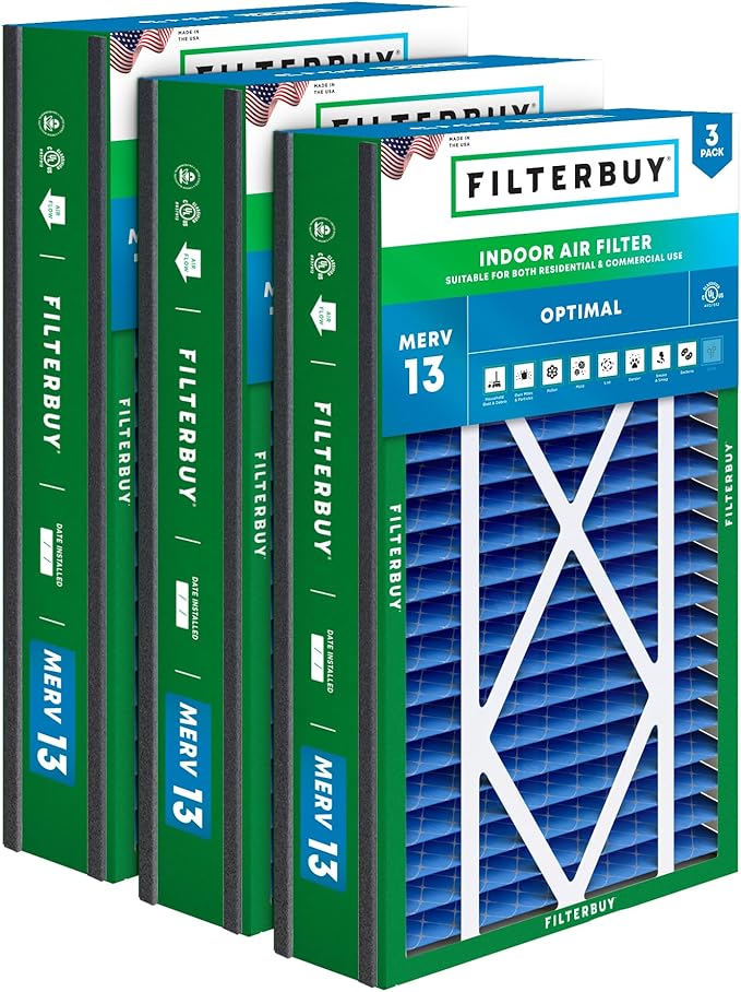Filterbuy 16x25x5 Air Filter MERV 13 Optimal Smoke & Allergy Defense (3-Pack), Electrostatic Pleated HVAC AC Furnace Filters for Trion Air Bear 255649-105 and More (Actual Size: 15.63 x 24.13 x 4.88)