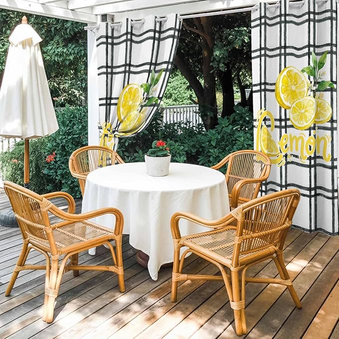Lemon Outdoor Curtains for Patio Lemon Leaves Summer Plaid Buffalo Waterproof Outside Curtains with Grommet Top Weatherproof Curtain for Cabana Pergola Gazebo, 1 Panel, 54" W x 84" L