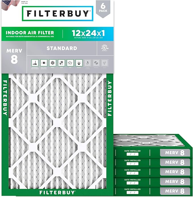 Filterbuy 12x24x1 Air Filter MERV 8 Essential Dust & Allergy Defense (6-Pack), Electrostatic Pleated HVAC AC Furnace Filters Replacement, Made in USA (Actual Size: 11.50 x 23.50 x 0.75)