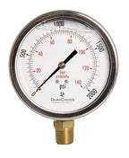 4" Oil Filled Pressure Gauge - Stainless Steel Case, Brass, 1/2" NPT, Lower Mount Connection, 0-2,000PSI