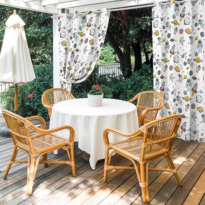 Cartoon Space Outdoor Curtains for Patio Astronauts Spacecraft Rockets Waterproof Outside Curtains with Grommet Top Weatherproof Curtain for Cabana Pergola Gazebo, 2 Pack, 54" W x 108" L