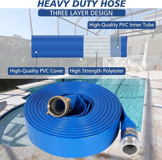 1.5" x 100 ft Backwash Hose for Swimming Pools, Heavy Duty PVC Lay Flat Water Discharge Hose,Durable Pool Drain Hose with Aluminum Pin Lug Fittings for Pump And Filters