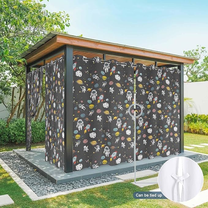 Cartoon Space Outdoor Curtains for Patio Rockets Planets Astronauts Gray Waterproof Outside Curtains with Grommet Top Weatherproof Curtain for Cabana Pergola Gazebo, 2 Pack, 54" W x 108" L