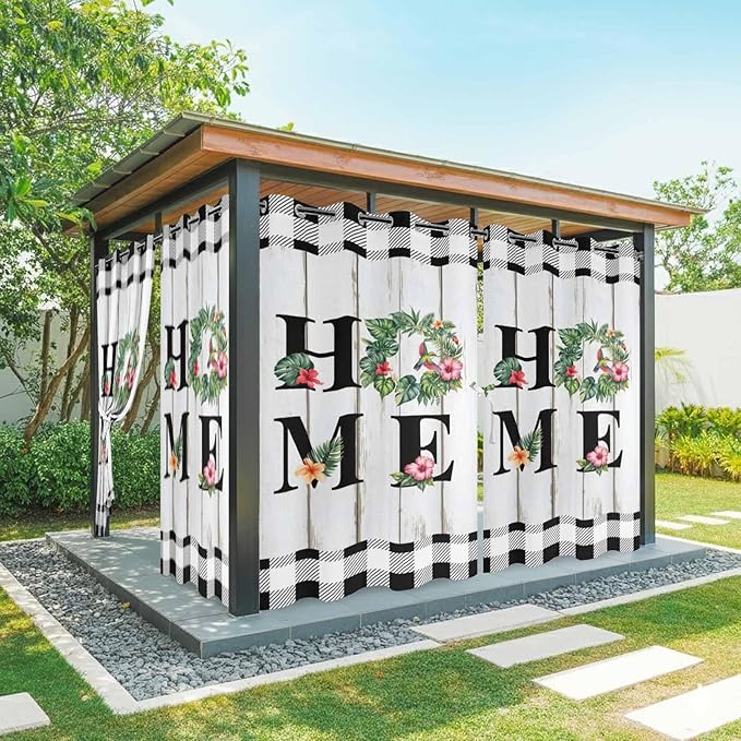 Summer Outdoor Curtains for Patio Leaves Garland Plumeria Wood Buffalo Plaid Waterproof Outside Curtains with Grommet Top Weatherproof Curtain for Cabana Pergola Gazebo, 2 Pack, 54" W x 84" L