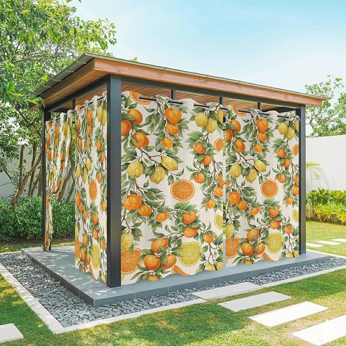 Lemons Yellow Orange Summer Plant Linen Outdoor Curtains for Patio Waterproof Outside Curtains with Grommet Top Weatherproof Curtain for Cabana Pergola Gazebo, 1 Panel, 54" W x 108" L