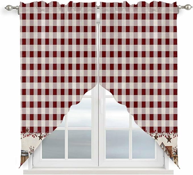 Swag Curtain Valances for Kitchen Windows,Farm Barn Western Star on Vintage Short Rod Pocket Window Valance,Red Buffalo Plaid Swag Topper for Bedroom Living Room,2 Panels 28x36in