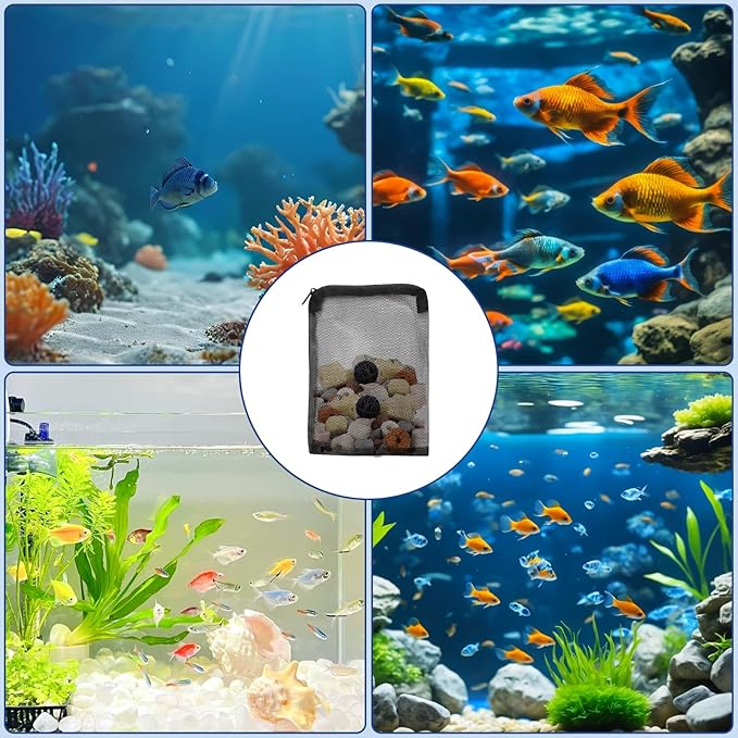 16 Pcs Aquarium Filter Media Bags with Plastic Zipper, Fish Tank Fine Mesh Bags for Activated Charcoal Aquarium, Reusable Aquarium Accessories for Ceramic Rings, Volcano Rock(4inx6in Black, White)