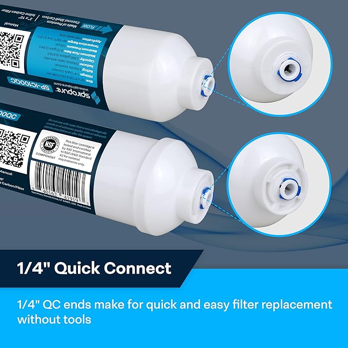 SpiroPure Inline Filter NSF Coconut Shell Granular Carbon Water Filter with 1/4" Quick-Connect, 2" x 10" (1 Pack)