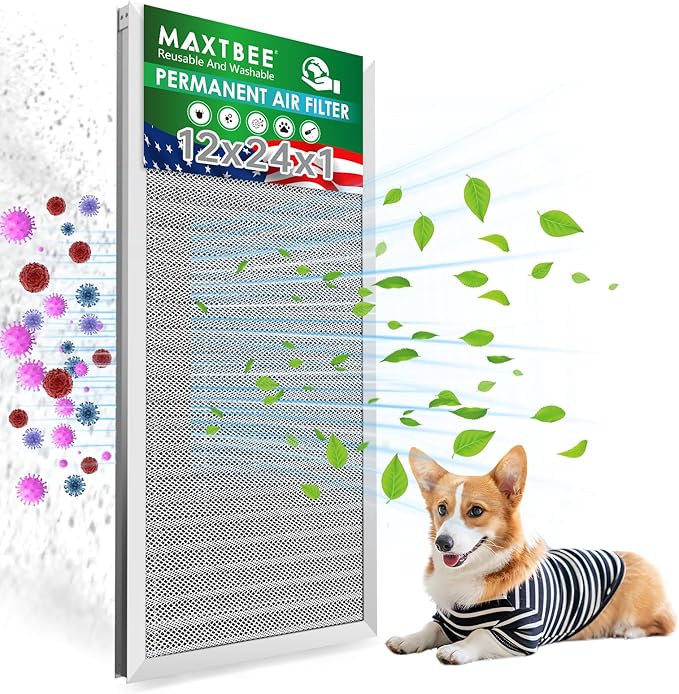 12x24x1 Air Filter Electrostatic Filter Reusable Washable HVAC AC Furnace Filter,MERV 8,Lasts a Lifetime, Healthier Home or Office(Actual Size:11.38x23.35x0.8 Inch)